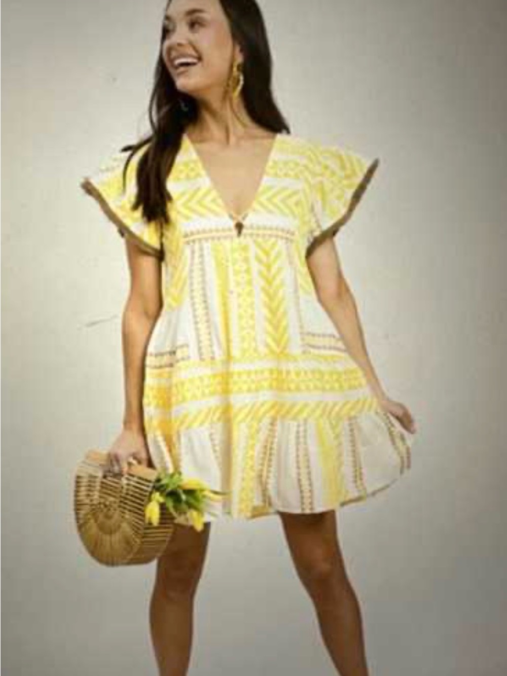 THML dress Yellow Patterned V-Neck Flutter Sleeve Summer Dress